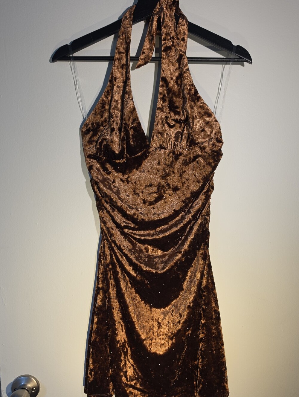Amara Rhinestone Brown Velvet Halter Mini Dress - Picture 4 of 5